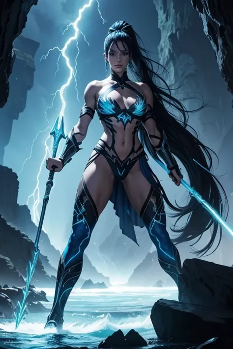 tall beautiful and muscular female storm giant with blue black hair in a ponytail and lightning staff, glowing tattoos and pale blue skin wearing revealing steel Armour with legs spread wide, ocean cave background with lightning storm 