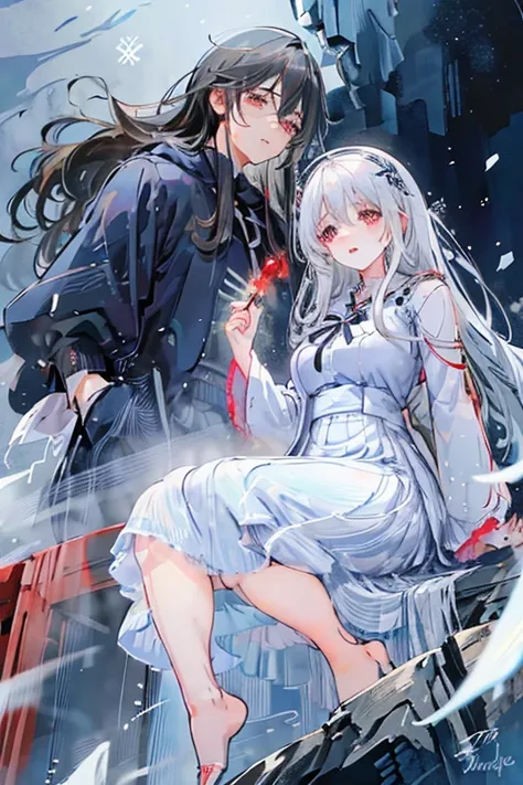 Beautiful anime art: divine couple: a cold girl with silver hair in a blue and white flowing dress and a dark strong man with black hair in scarlet and black flowing clothes