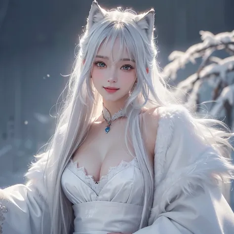 Heavy snowfall,Snowy mountains、White Wolf、 ((highest quality、masterpiece、8k、Best image quality、Ultra-high resolution、Award-winning works)、(Accurate anatomy:1.1)、(Look at me and smile:1.1)、Shining fair skin with Ultra-high resolution、The most detailed face、...