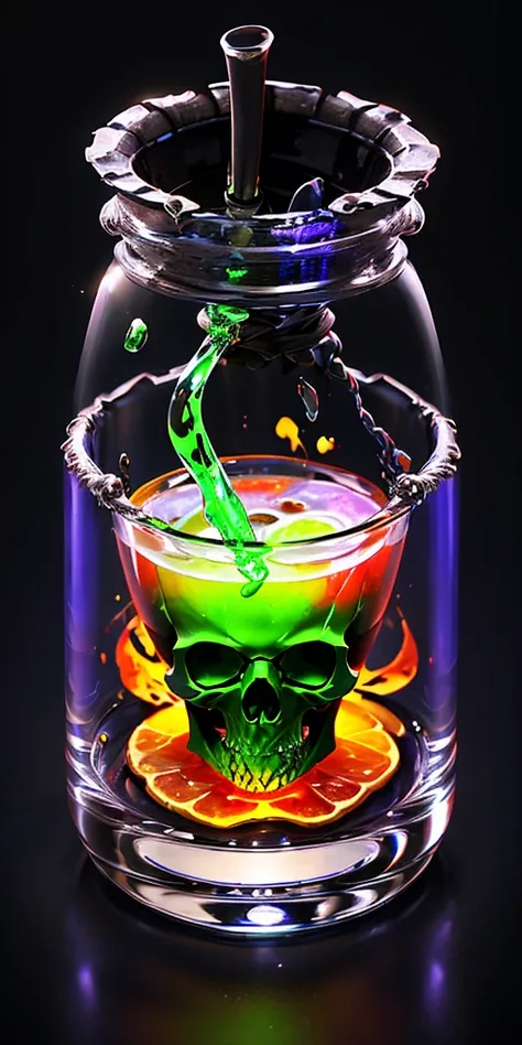 potion with skull inside, poison, gree glowing liquid, 4k, realistic, phograph, black background, simple background, game icon