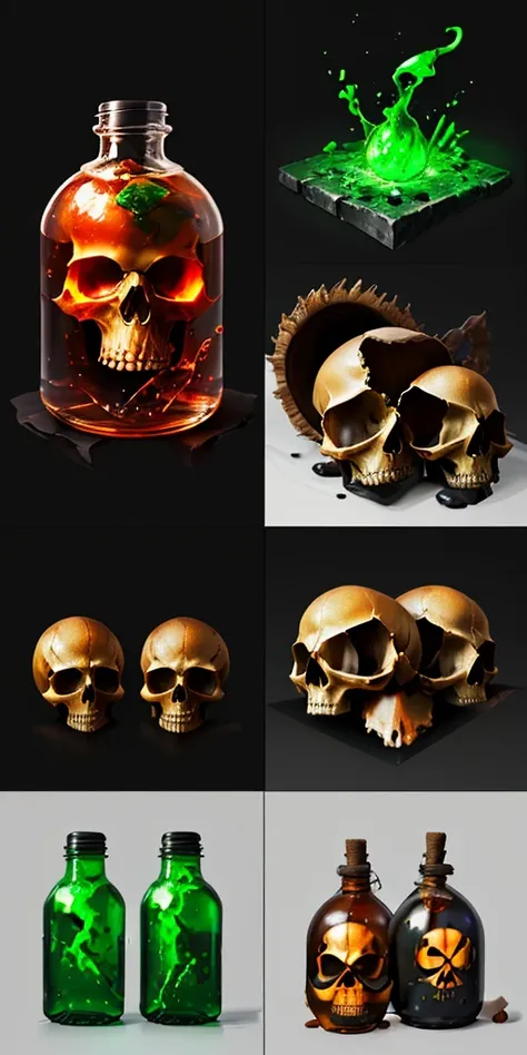 potion with skull inside, poison, gree glowing liquid, 4k, realistic, phograph, black background, simple background, game icon