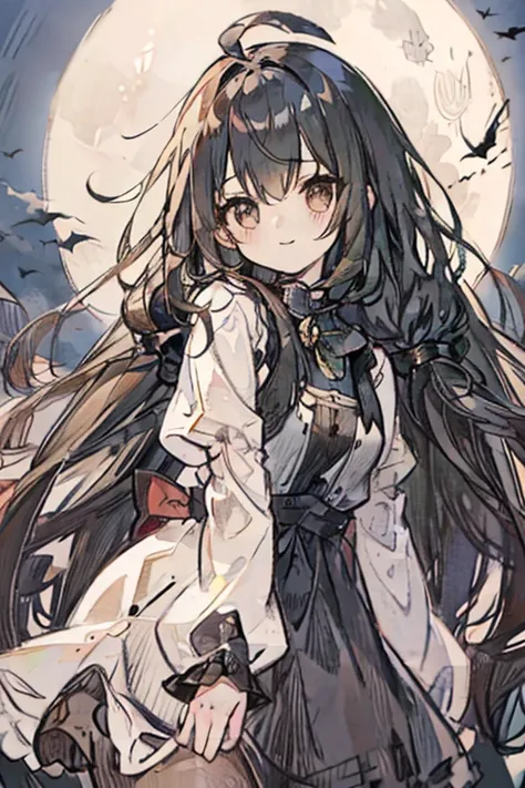 A black haired woman with brown eyes with an hourglass figure in a cute lolita dress is smiling in front of a full moon