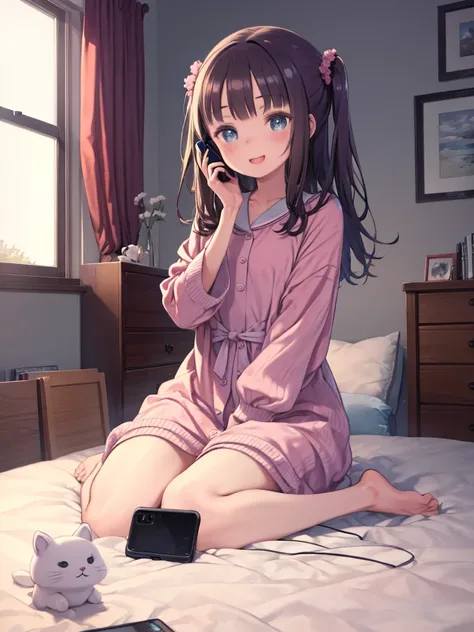 masterpiece、highest quality、High resolution、Very detailed、Medium wide shot、Beautiful eyes、Girl、On the bed、pajamaobile phone、stuffed toy、Cute room、Fancy、laughing、On the phone、