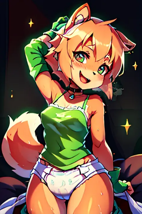 boy, squirrel, furry, bodyfur, green camisole, bottomless, diaper, green gloves, green boots, chibi, happy, sparkling eyes