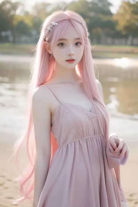 girl, cute, elegant, beautiful hair accessories, beautiful pale dark and pale pink long dress, pale pink hair, hime cut hairstyl...