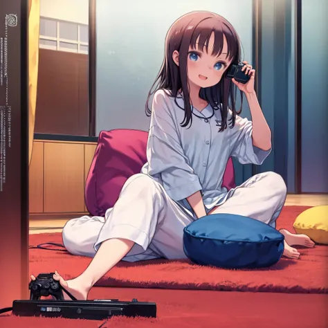 masterpiece、highest quality、High resolution、Very detailed、Medium wide shot、Beautiful eyes、Girl、Sit on the carpet、cushion、Cross-legged、pajamas、Holding a game controller、Sega Saturn、stuffed toy、Cute room、Fancy、laughing、Playing games、
