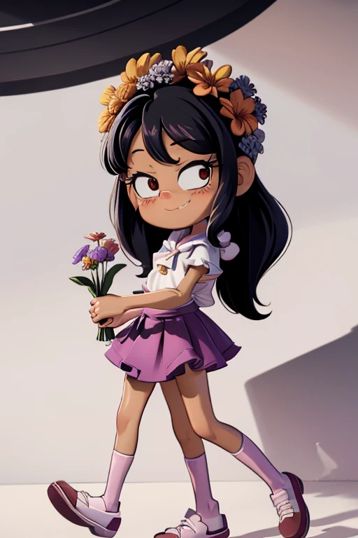 Masterpiece, best quality, 1 girl, alone, long_hair, looking_at_viewer, ronnie Anne, black hair, red eyes, smile, bangs, skirt, shirt, nude body, bow, holding, closed_mouth, flower, ruffles, flower_hair, petals, bouquet , holding_flower, center_ruffles, ho...