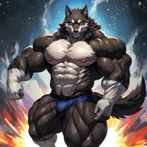 (highest quality:1.2), (masterpiece:1.2), anime,雄のBlack wolf,Black coat,Black wolf, great physique,Thick arms，Thick thighs,manly, Bodybuilder with bulging muscles ,((Pure sweat permeates the wolf&#39;s entire body.&#39;Muscular body.)), (Excessive sweating...