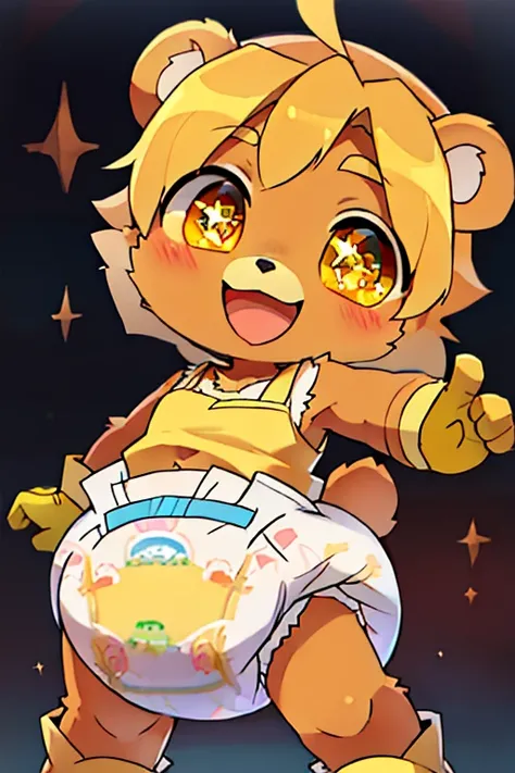 boy, bear, furry, bodyfur, yellow camisole, diaper, yellow gloves, yellow boots, chibi, happy, sparkling eyes