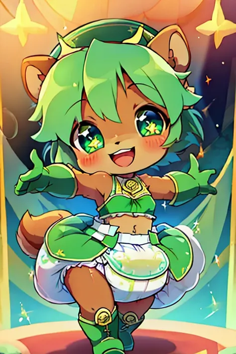 boy, squirrel, furry, bodyfur, green camisole, diaper, green gloves, green boots, chibi, happy, sparkling eyes, idol, dancing, singing