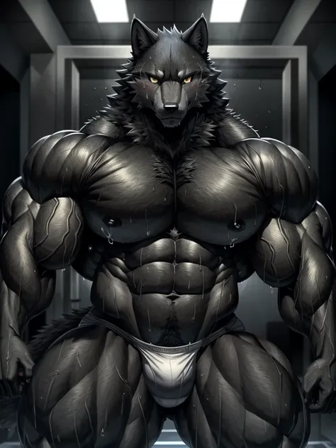 (highest quality:1.2), (masterpiece:1.2), anime,雄のBlack wolf,Black coat,Black wolf, great physique,Black Hand,Black chest,Thick thighs,manly, Bodybuilder with bulging muscles ,((Pure sweat permeates the wolf&#39;s entire body.&#39;Muscular body.)), (Excess...