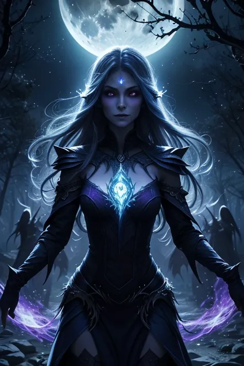 (Best quality, highres), Beautiful Banshee Queen, beautiful undead Elven Queen, dancing together, bright light of the full moon, (magical, mystical:1.1) sparks.