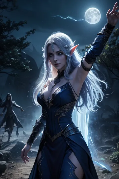 (Best quality, highres), Beautiful Banshee Queen, beautiful undead Elven Queen, dancing together, bright light of the full moon, (magical, mystical:1.1) sparks.