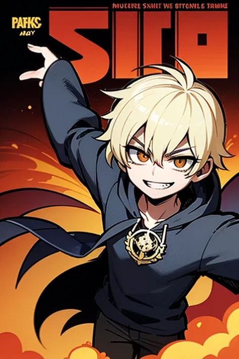 ((illustration)), (best quality)), ((masterpiece)), (simple detail), comic cover, a young man spreading his arms wide while explosion happens behind him, dark shadows covers his front, Dark hoodie, evil smile, 