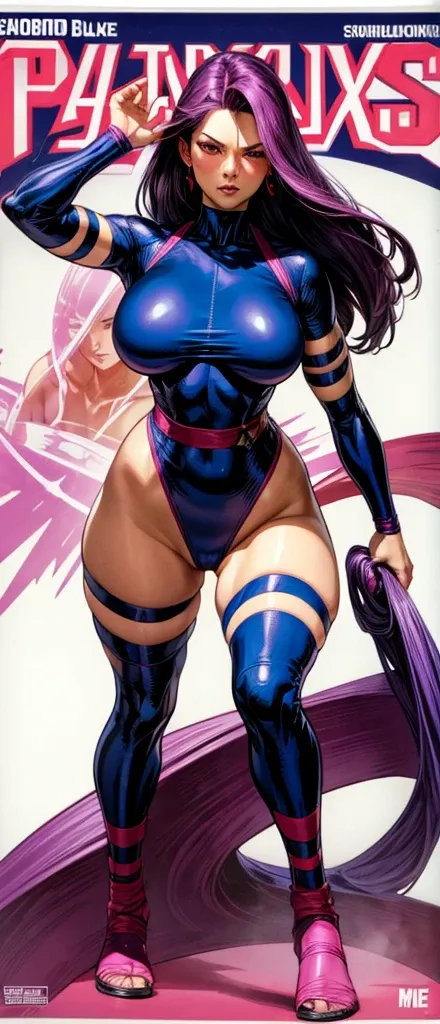 Psylocke, with her big breasts and beautiful legs, is standing blushing in a high-cut leotard.。