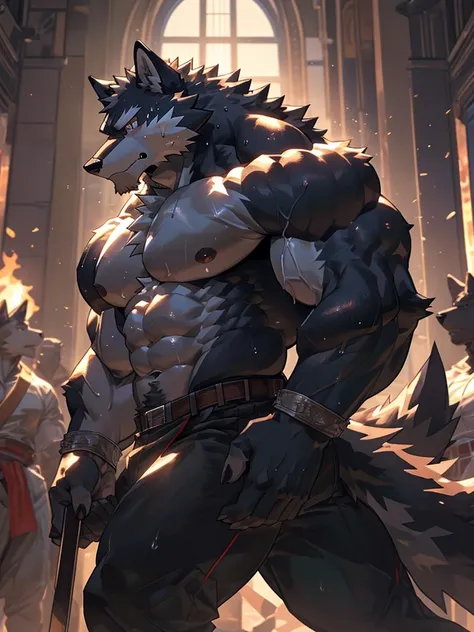 (highest quality:1.2), (masterpiece:1.2), Super detailed , 毛むくじゃらの雄のBlack wolf, Black wolf, great physique,Powerful Weapons, manly, Bodybuilder with muscles running all over his body ,((Pure sweat permeates the wolf&#39;s entire body.&#39;Muscular body.)),...