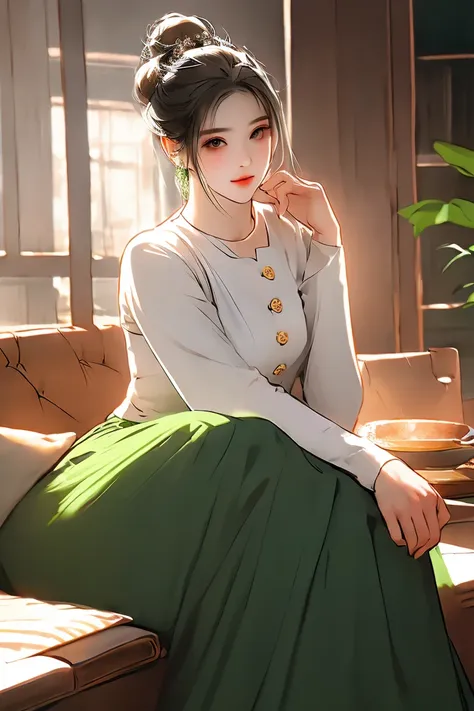 Portrait of a stunning young woman with a stylish hair bun, captivating gaze, and a warm atmosphere of a cozy coffee shop, realistic shading, fine details, exquisite lighting, digital painting, (wearing acmmsayarma outfit, acmmsayarma white top with button...