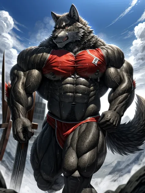 (highest quality:1.2), (masterpiece:1.2), Super detailed , 毛むくじゃらの雄のBlack wolf, Black wolf, great physique,Powerful Weapons, manly, Bodybuilder with muscles running all over his body ,((Pure sweat permeates the wolf&#39;s entire body.&#39;Muscular body.)),...