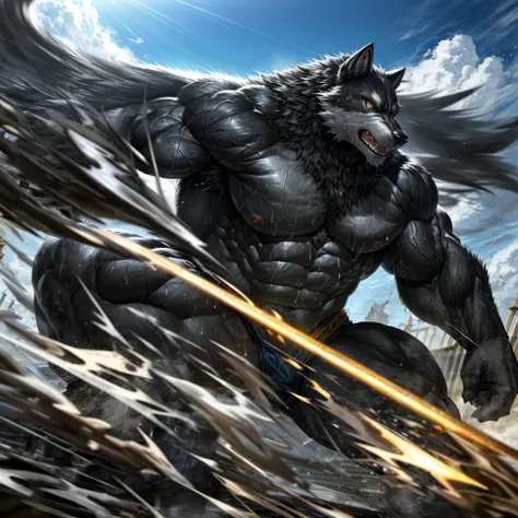 (highest quality:1.2), (masterpiece:1.2), Super detailed , 毛むくじゃらの雄のBlack wolf, Black wolf, great physique,Powerful Weapons, manly, Bodybuilder with muscles running all over his body ,((Pure sweat permeates the wolf&#39;s entire body.&#39;Muscular body.)),...