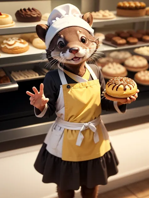 3D, 3D cartoon, cartoon otter, an otter wearing a cheff costume, bakery, at noon, no humans