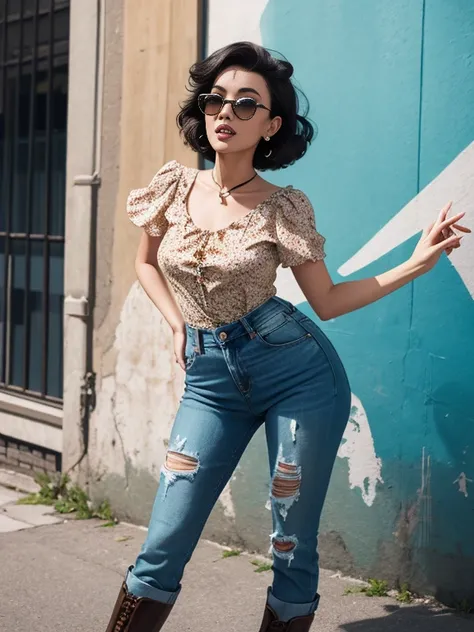 peeling paint texture, graffiti of rockabilly 1950s-style dress on girl, cute and lovely appearance, short bob haircut, dynamic stance, playful and enticing look, halterneck top, high-waisted jeans, bold prints, leather boots, cat-eye sunglasses, retro all...