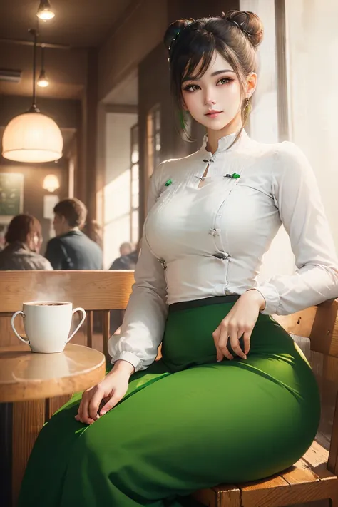 Portrait of a stunning young woman with a stylish hair bun, captivating gaze, and a warm atmosphere of a cozy coffee shop, realistic shading, fine details, exquisite lighting, digital painting, (wearing acmmsayarma outfit, acmmsayarma white top with button...