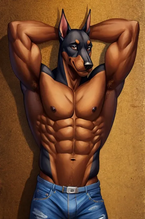 Muscular, shirtless, doberman, hands behind head