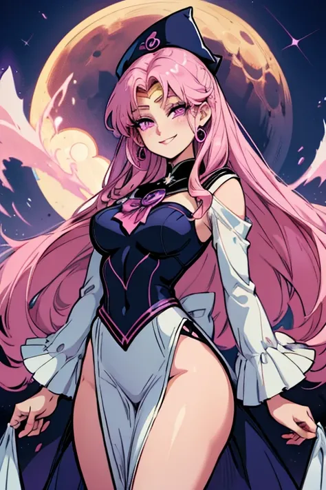 A pink haired woman with violet eyes with an hourglass figure in a sailor moon outfit is smiling in a front of a moon