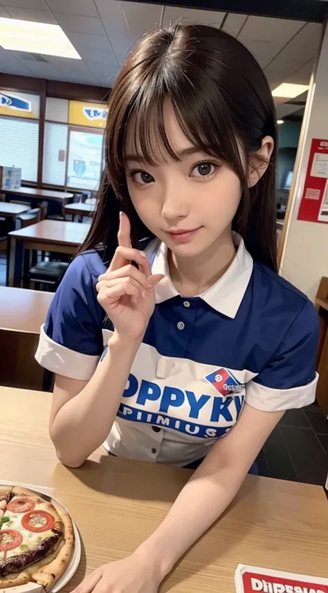 {8K Photo Quality:1.2}、{Ultra-high resolution photo quality:1.2}、{Super Real 1.2}、{Perfect limbs}、{japaneasutepiece、NSFW、1womanl、Wearing a Dominos Pizza uniform、Serving customers with a shy face