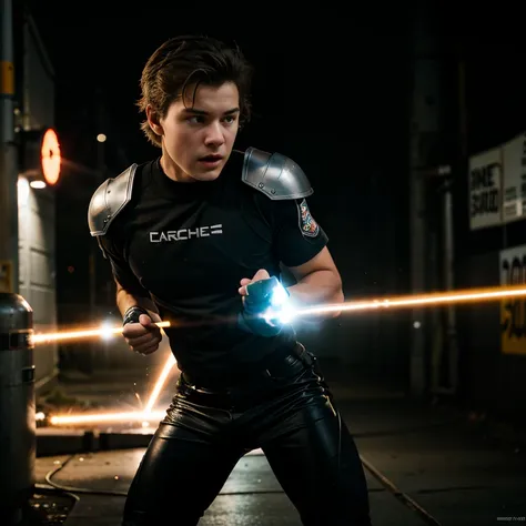 A boy of 18 years old making a gravity force attack, gravity lines in his fist, street warrior, ultra beautiful, ultra detailed, special light effects, 4k UHD, PHOTO  REALISTIC 