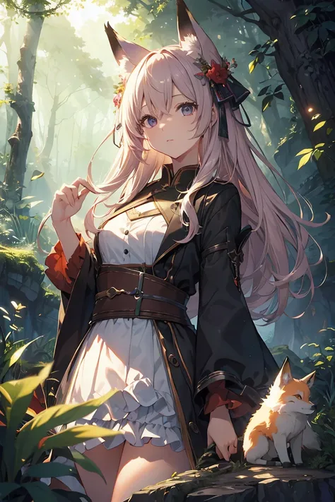 (Official Art、highest quality、unity 8k wallpaper、32k、masterpiece、Super detailed、超A high resolution)、Fantasy、in the forest、fox、Looking at this