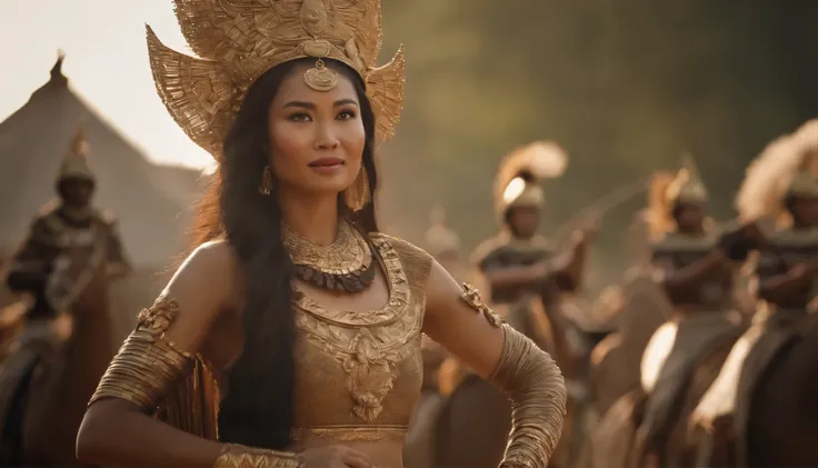 3D Princess Wekoila, with a beautiful ancient Indonesian face, dressed as a kings daughter, weapons behind her shoulders in the form of round wrapped rattan, brownish white skin, surrounded by horsemen, big, tall, slim body full of solid charm and smiling.