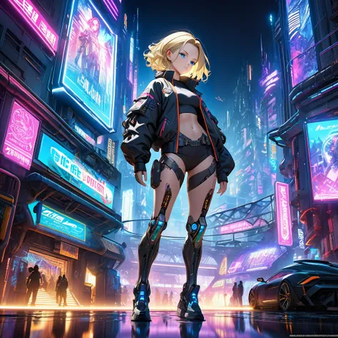 Ultra-realism, Android_18, And 18, One girl, blue eyes, Blonde Hair,  
Exquisite mechanical legs, Detailed mechanical body, cyber punk city, (Cyborg Body:1.3), Perfect Face, Very detailed目, Upper Body, Jacket, 
Dystopia, glowing Neon Light, SFW, Of city (n...