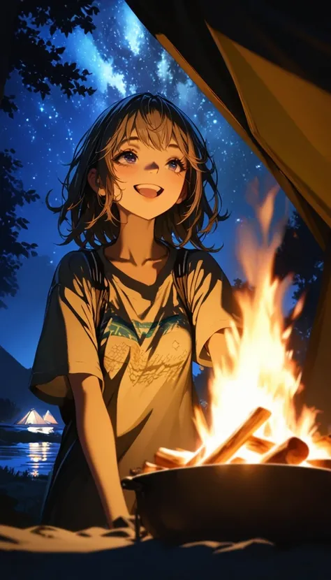 1 girl, ((super detailed, high resolution, super detailed, top quality, amazing, top quality, highly detailed CG Unity 8k wallpaper, cinematic lighting)), campfire, lakeside at night, tent and camping gear, girls standing next to tent, smiling, looking up ...