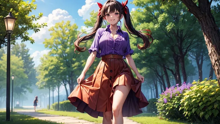 1girl, full body, summer, village, trees, sun, clouds, ((colorful hair)), curly hair, twintail, large breasts, button down shirt, ((purple shirt)), ((short sleeved shirt)), ((unbuttoned shirt)), unbuttoning buttons, popping buttons, cleavage 1:3, brown eye...