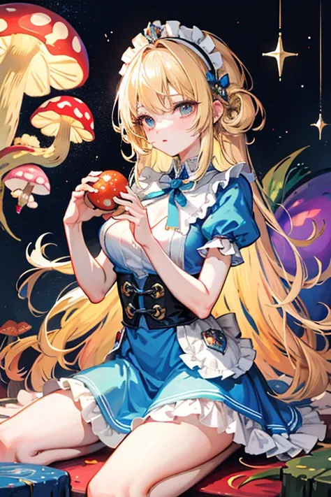 (masterpiece, top quality, best quality), pixel,pixel art, beautiful blonde woman with big messy hair, Alice in Wonderland, holding a glowing mushroom in her hands with colorful stars 
 