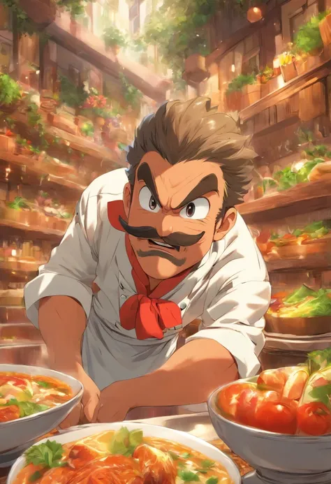 El chef Gino. Q viste una chaqueta blanca d cosinero y un bigote moustachol. Se sienta a comer con Emanuel. Un joven medico nutricionista. Q viste un ambo blanco, su cabellera q le llega a los hombros y una barba y bigote recortado. Juntos comen en un rist...