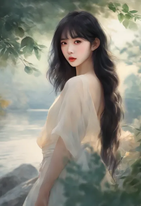 Watercolor style、digitalart、Black Hair Bob、Japan Beautiful Girl、18year old、realistic