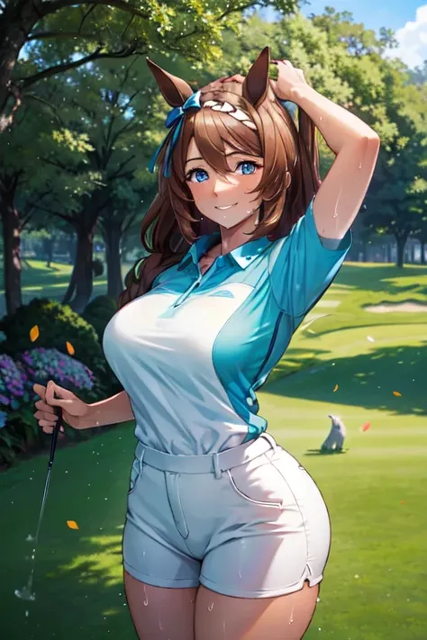 (high quality, high resolution, fine details), realistic, super creek \(umamusume\), woman, golf player, garden, green grass,spo...