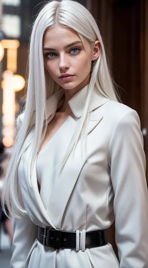 White hair, White hair, glowing hair, Detailed hair, Blue Eyes, beautidful eyes, extremely detailed eyes and face, Beautiful detailed eyes, Ultra-detailed, light on the face, Fair skin, a 18 year old girl, bianca, long hair down to waist, Wear the Burberry...