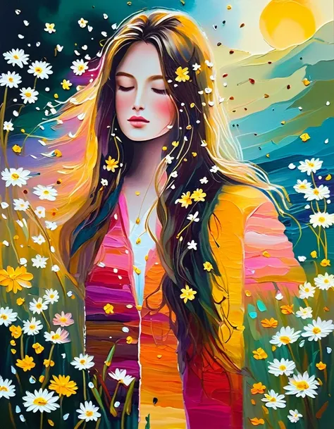 Capture the essence of pure serenity and natural beauty in an awe-inspiring oil painting that transports viewers into a dreamlike world where a girl finds solace amidst a sea of Paper Daisies. Imagine a tranquil meadow bathed in the soft glow of the settin...