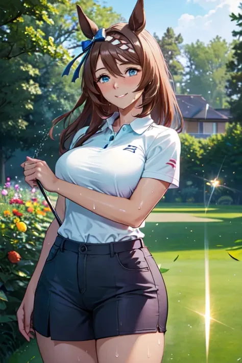 (high quality, high resolution, fine details), realistic, super creek \(umamusume\), woman, golf player, garden, green grass,spo...