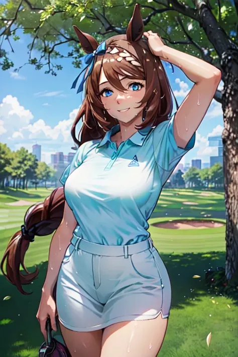 (high quality, high resolution, fine details), realistic, super creek \(umamusume\), woman, golf player, garden, green grass,spo...