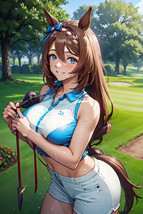 (high quality, high resolution, fine details), realistic, super creek \(umamusume\), woman, golf player, garden, green grass,spo...