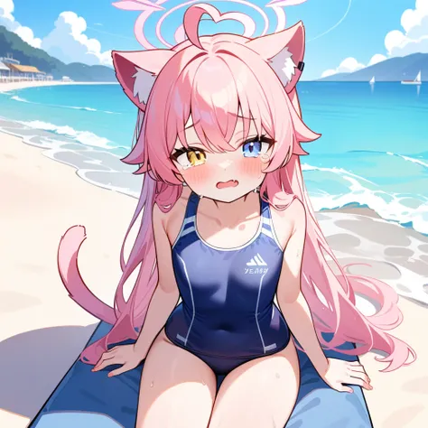 （masterpiece：1.2，high quality），8K，High resolution，A thirteen-year-old girl，cute girl，Takanashi Hoshino（Blue Archive），cat ears，pink hair，long hair，（yellow and light blue eyes），heterochromia， heart ahoge，halo，laughingfang out，tears，Sitting on the beach，Wear ...