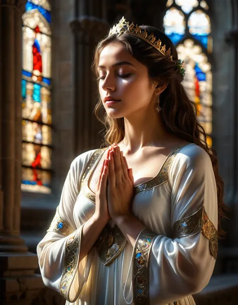 (best quality,4k,8k,highres,masterpiece:1.2),ultra-detailed,(realistic,photorealistic,photo-realistic:1.37),cathedral,girl prayi...