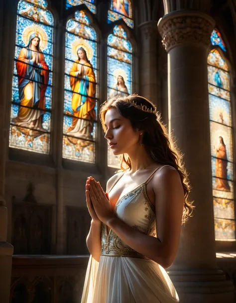 (best quality,4k,8k,highres,masterpiece:1.2),ultra-detailed,(realistic,photorealistic,photo-realistic:1.37),cathedral,girl prayi...