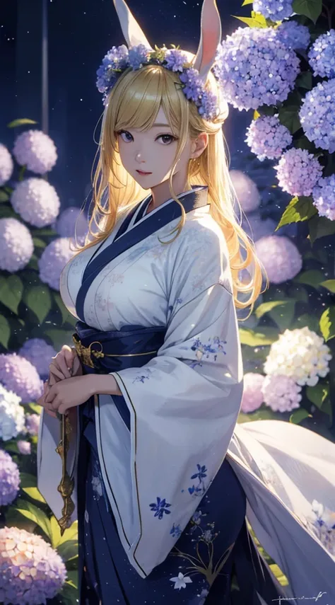 masterpiece, high quality, 4K, Beautiful design, silhouette，blonde， 非常に詳細な夜のStarry Sky,Hydrangea flower garden， wonderful, Finer details,  Very knowledgeable woman, Highly detailed solo, 1 female,Bunny ears，Big Breasts，White kimono，Night view，Starry Sky，fu...