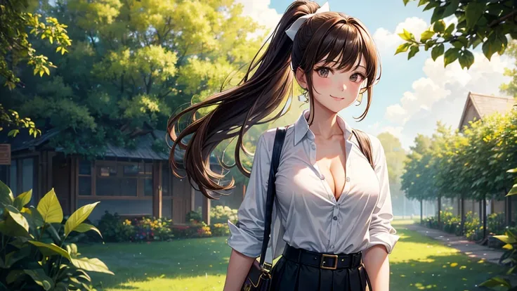 1girl, full body, solo, summer, village, trees, sun, clouds, ((brown hair)), ponytail, large breasts, ((black blazer)), button down shirt, ((white shirt)), ((short sleeved shirt)), ((unbuttoned shirt)), unbuttoning buttons, cleavage 1:3, brown eyes, skirt,...