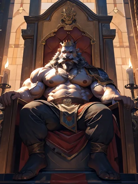 burly virile bulky man, overmuscular and musclebound, bulging veiny muscles, broad shoulders, wide chest, overly thick arms and legs, thick body, a hulking figure with swelling muscles, a long bushy beard and a thick mustache, grey hair, a king sitting on ...